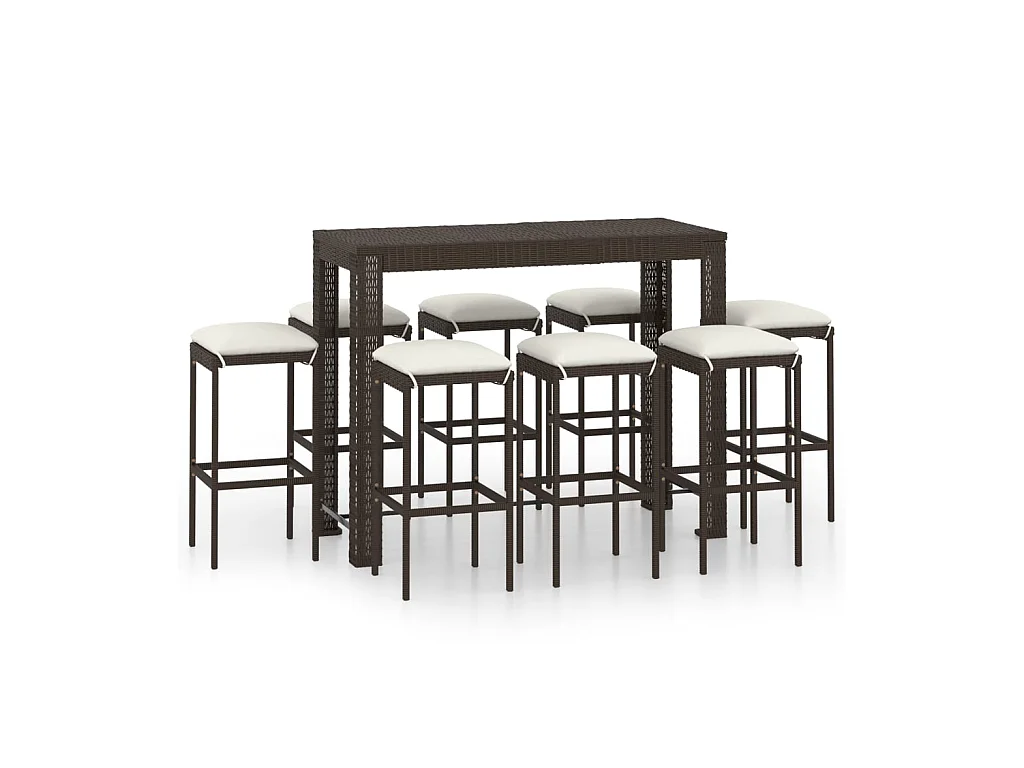 Meuble de bar de jardin 9 pcs et coussins Résine tressée Marron