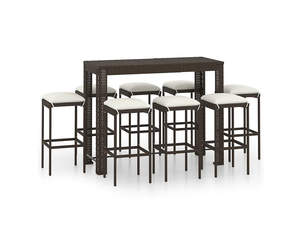 Meuble de bar de jardin 9 pcs et coussins Résine tressée Marron