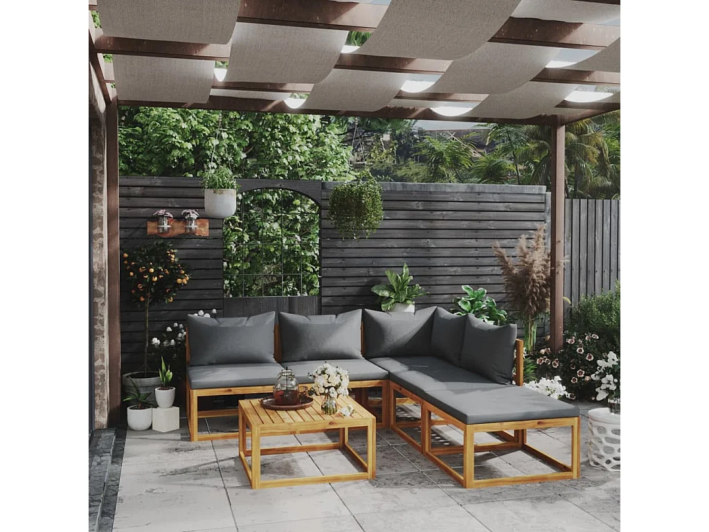 Salon de jardin 6 pcs avec coussin Bois d'acacia solide 6