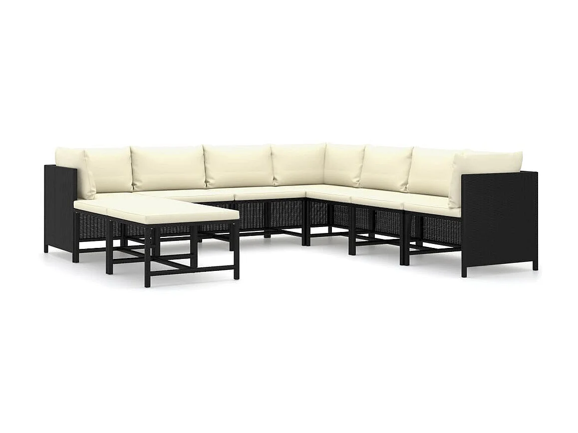 Salon de jardin 9 pcs avec coussins Résine tressée Noir 48
