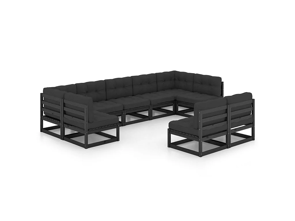 Salon de jardin 9 pcs avec coussins Noir Bois de pin massif 17