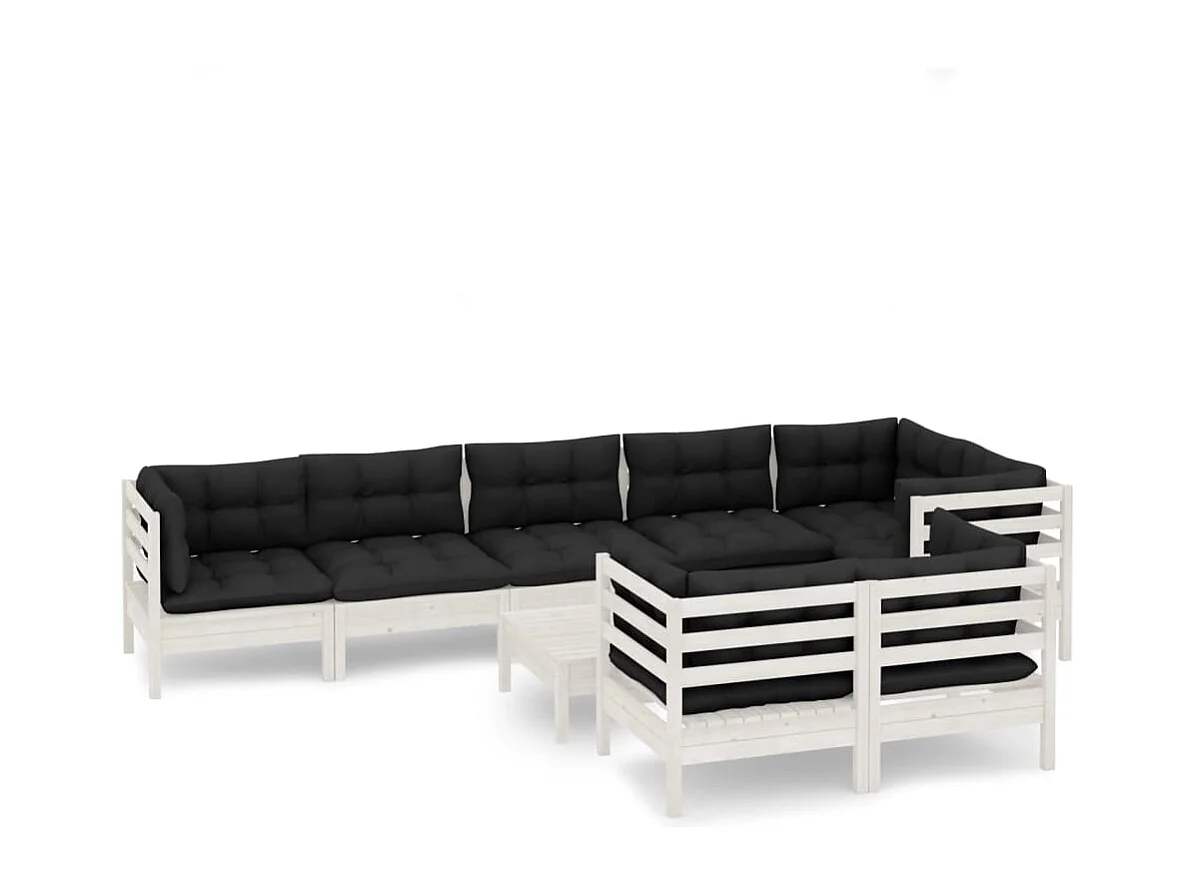 Salon de jardin 9 pcs avec coussins Blanc Bois de pin massif 2
