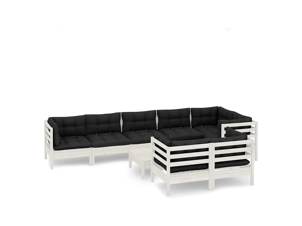 Salon de jardin 9 pcs avec coussins Blanc Bois de pin massif 2