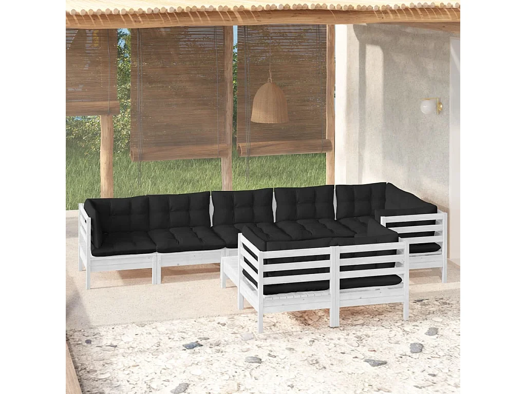 Salon de jardin 9 pcs avec coussins Blanc Bois de pin massif 2