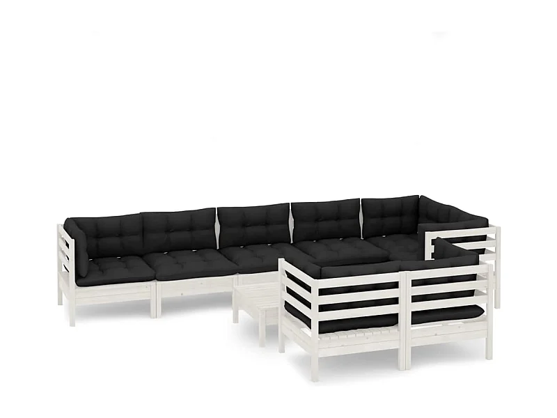 Salon de jardin 9 pcs avec coussins Blanc Bois de pin massif 2
