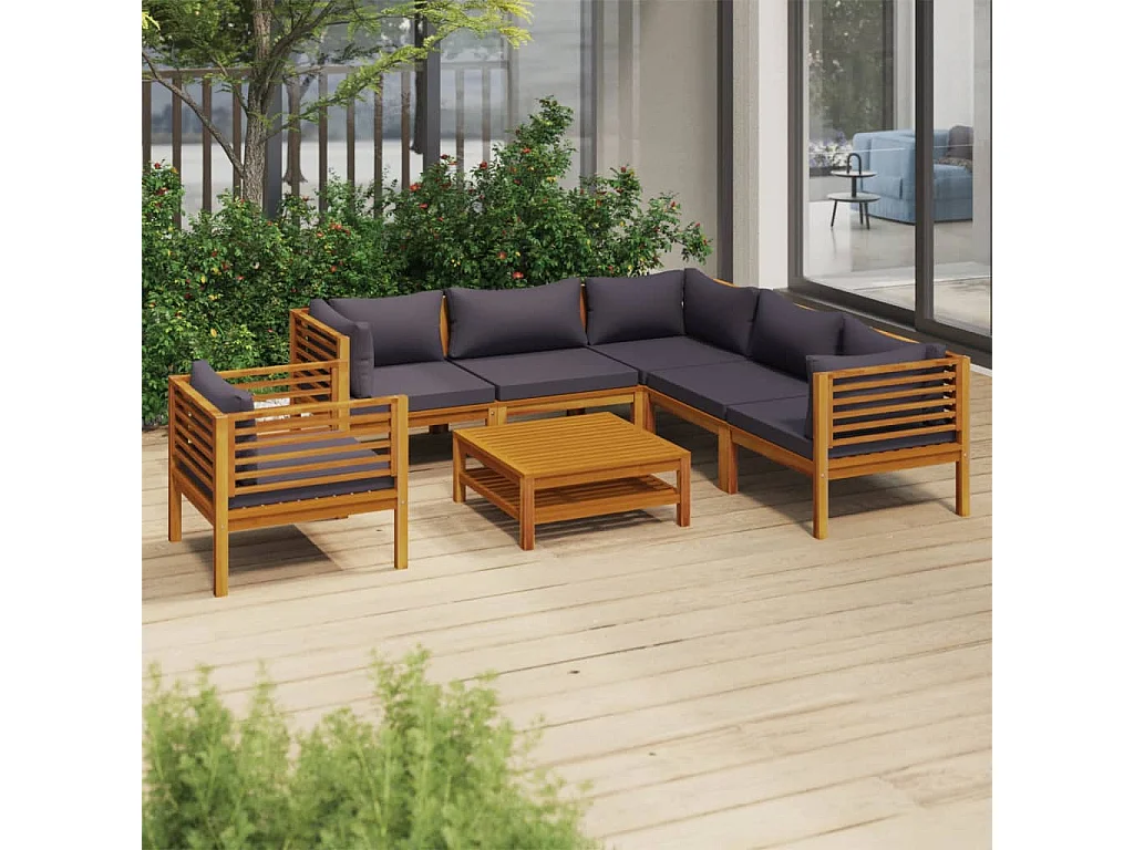 Salon de jardin 7 pcs avec coussin Bois d'acacia solide 9