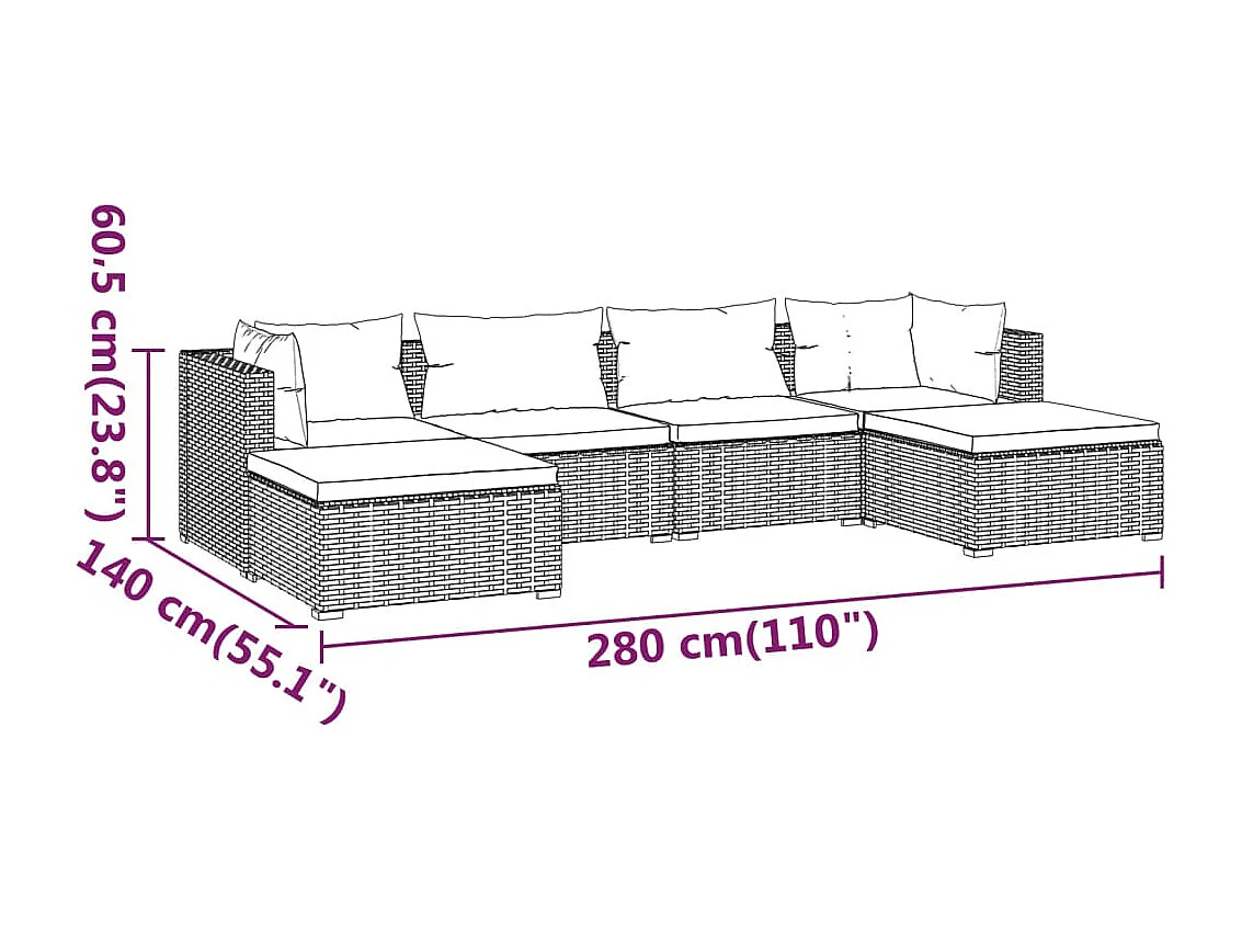 Salon de jardin 6 pcs avec coussins Résine tressée Marron 13