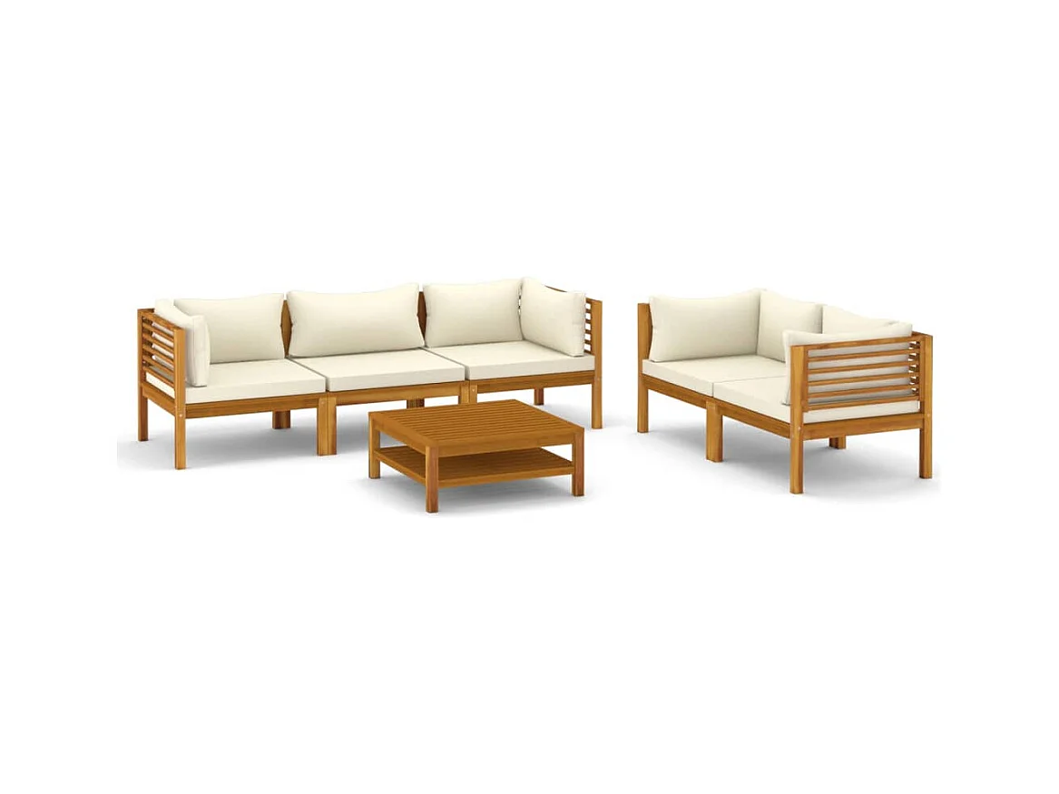 Salon de jardin 6 pcs avec coussin crème Bois d'acacia solide 2