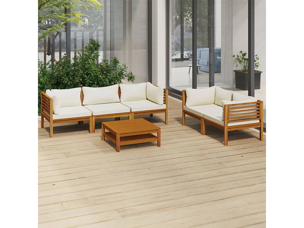 Salon de jardin 6 pcs avec coussin crème Bois d'acacia solide 2