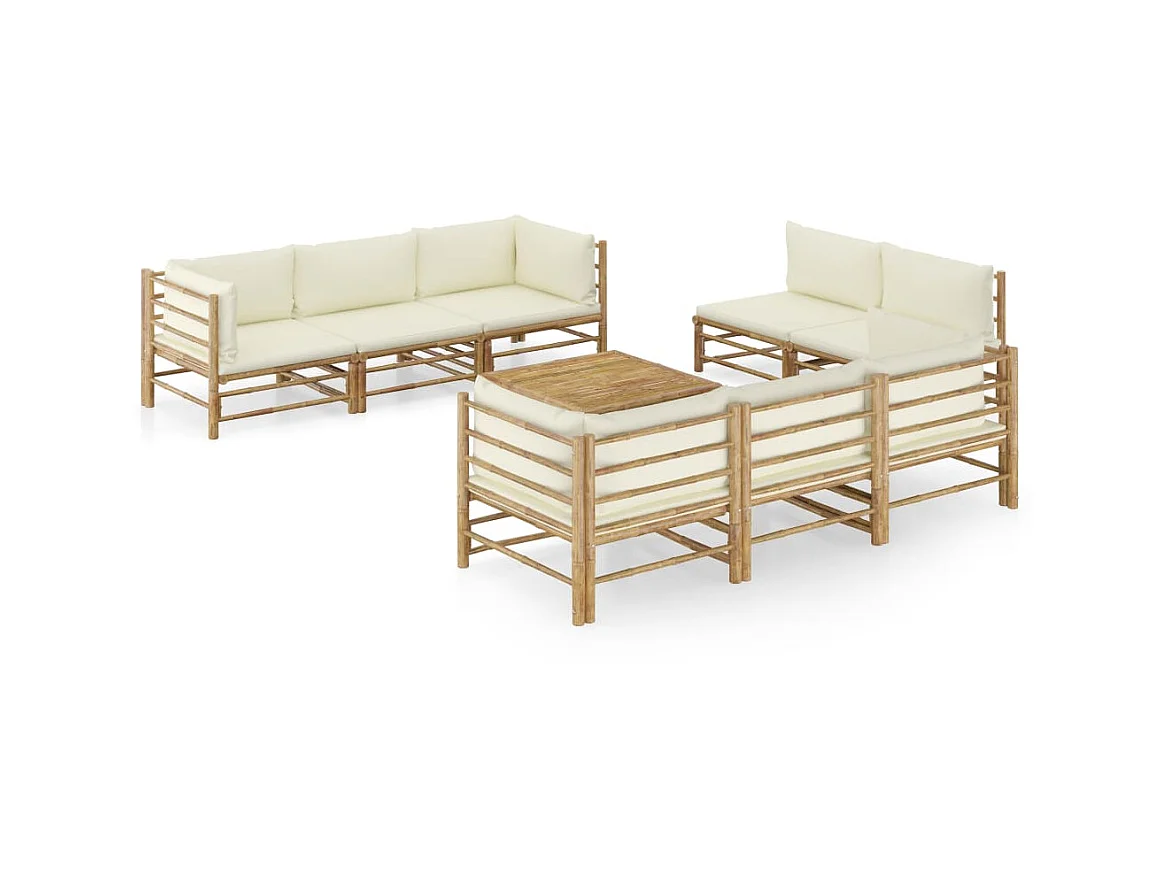Salon de jardin 9 pcs avec coussins blanc crème Bambou 2