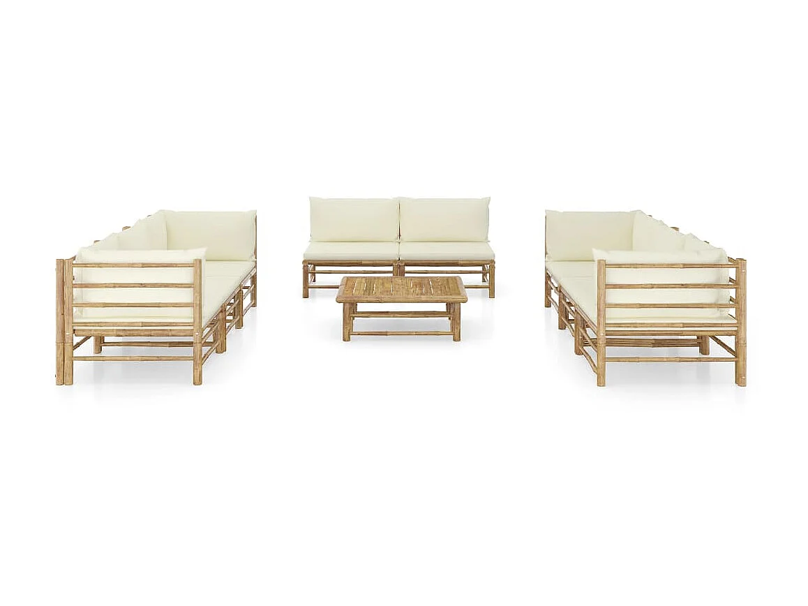 Salon de jardin 9 pcs avec coussins blanc crème Bambou 2