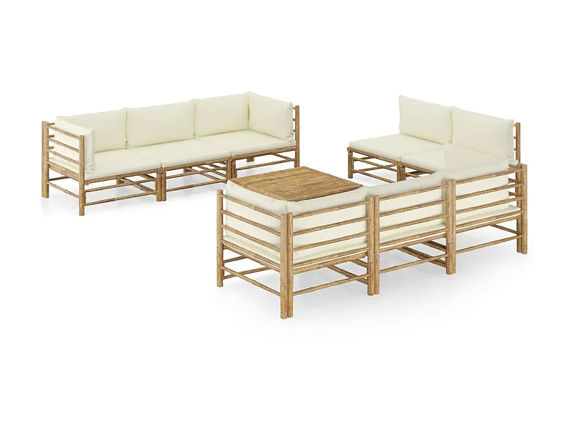 Salon de jardin 9 pcs avec coussins blanc crème Bambou 2