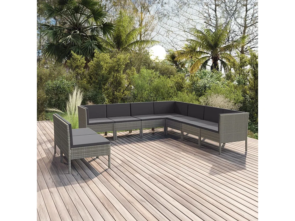 Salon de jardin 9 pcs avec coussins Résine tressée Gris 45