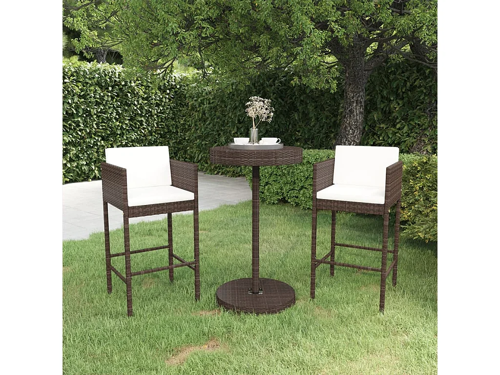 Meubles de bar de jardin 3pcs et coussins Résine tressée Marron 2