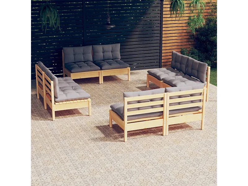 Salon de jardin 8 pcs avec coussins gris Bois de pin