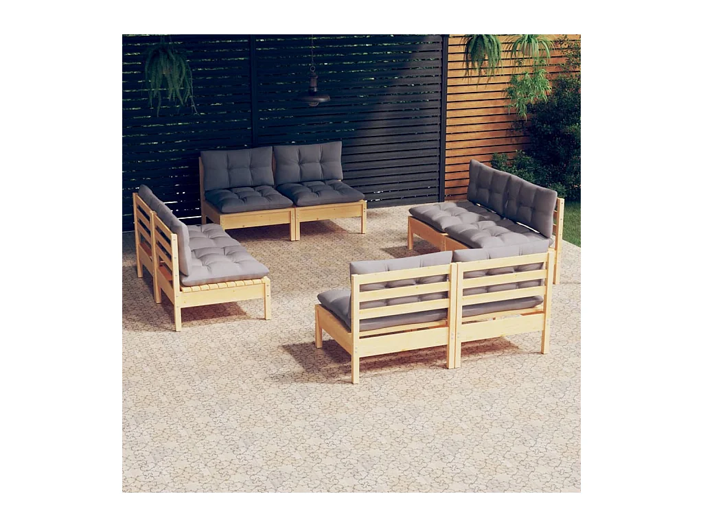 Salon de jardin 8 pcs avec coussins gris Bois de pin