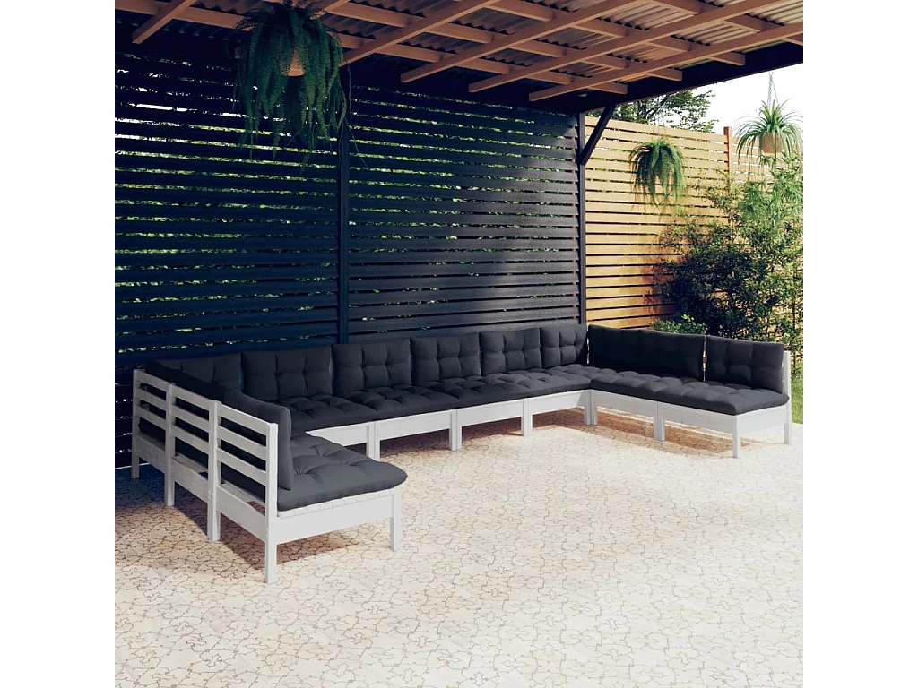 Salon de jardin 10 pcs avec coussins Blanc Bois de pin solide 7