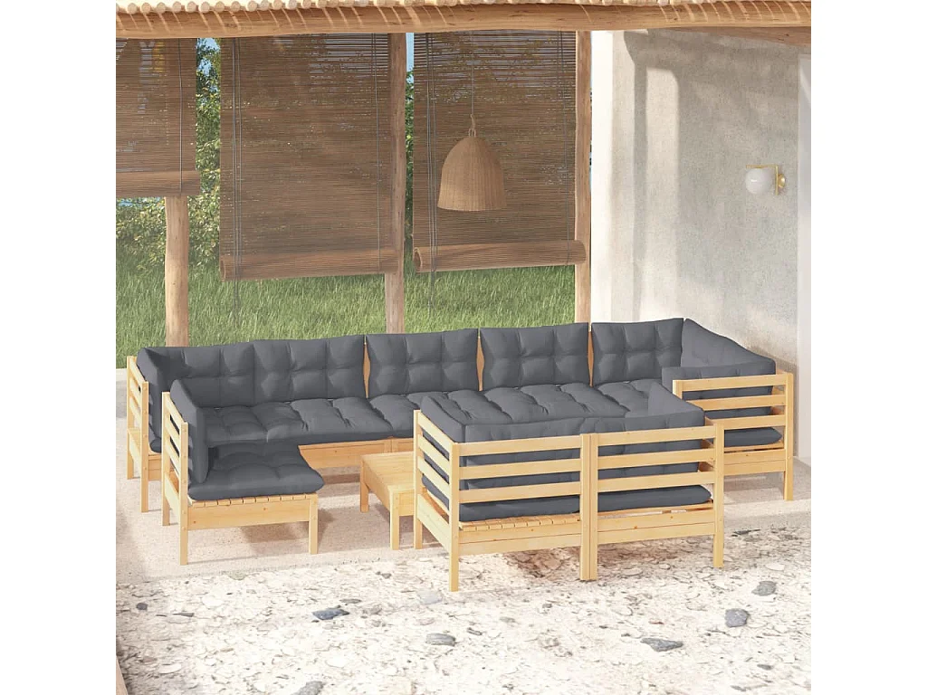 Salon de jardin 10 pcs avec coussins gris Bois de pin massif 3