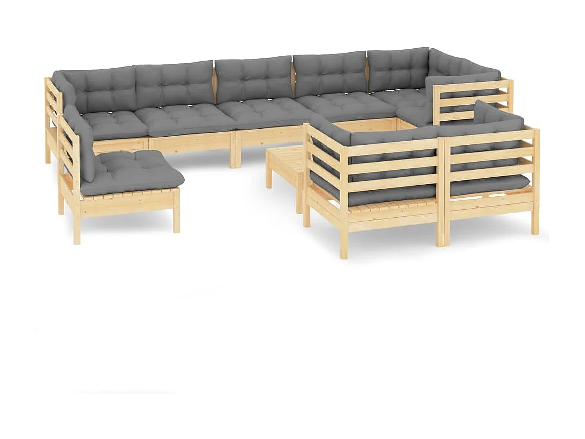 Salon de jardin 10 pcs avec coussins gris Bois de pin massif 3