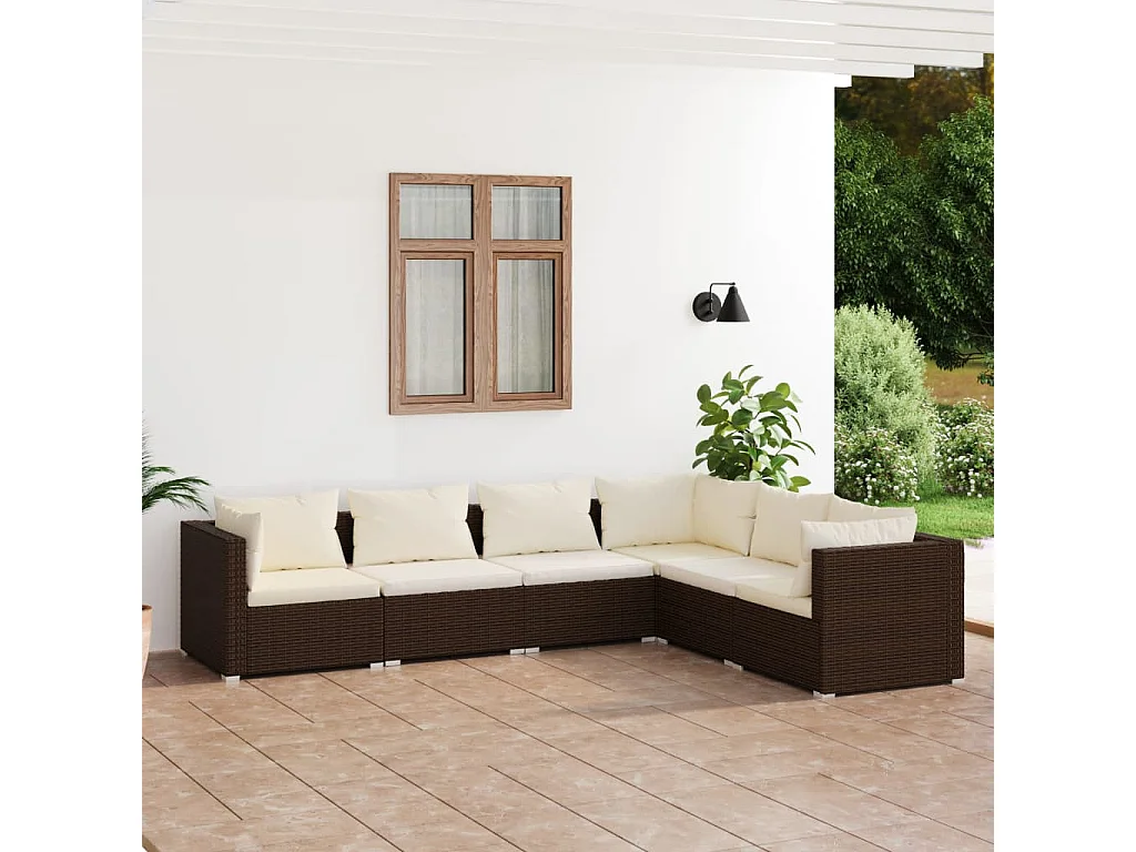 Set muebles de jardín 6 piezas y cojines ratán sintético marrón