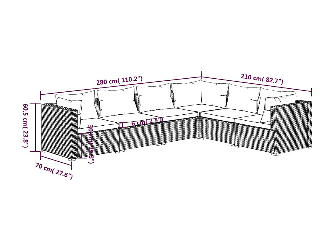 Set muebles de jardín 6 piezas y cojines ratán sintético marrón