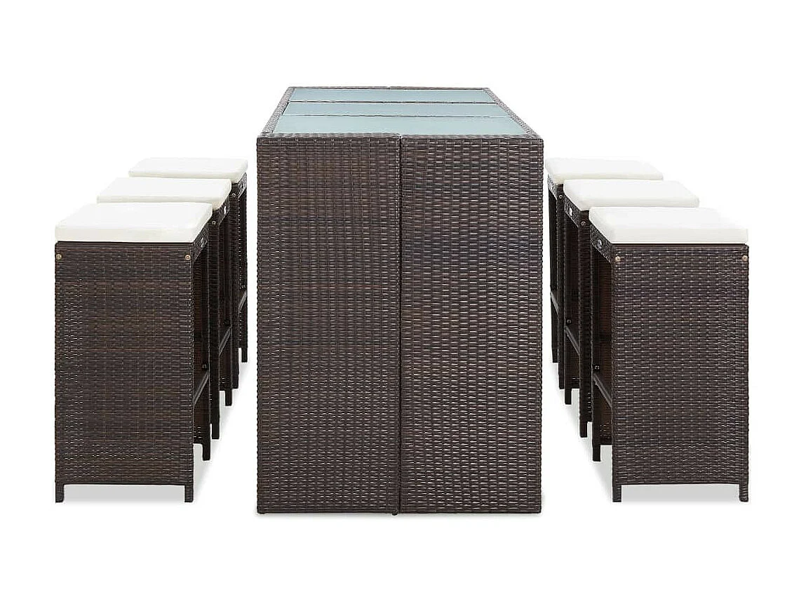 Meuble de bar de jardin 7 pcs et coussins Résine tressée Marron