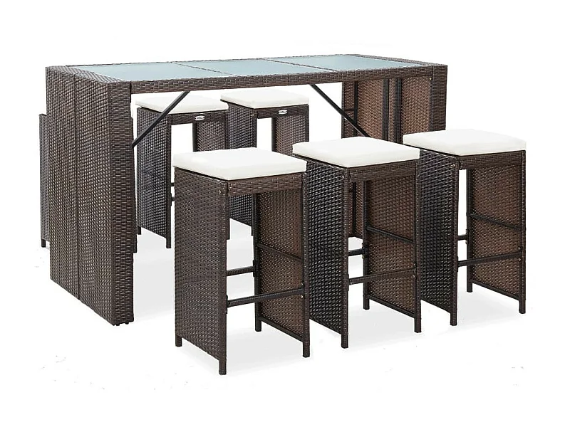 Meuble de bar de jardin 7 pcs et coussins Résine tressée Marron