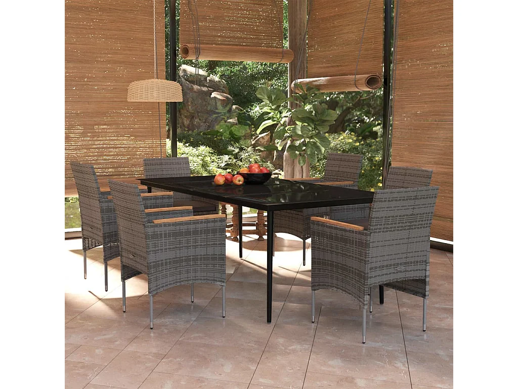 Mobilier de salle à manger de jardin coussins 7pcs Gris et noir