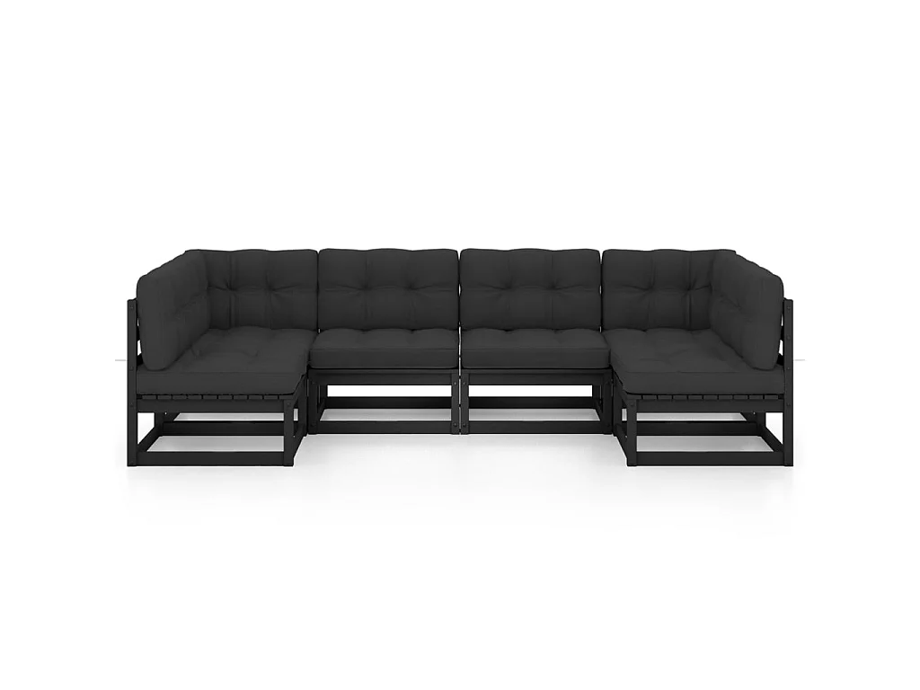 Salon de jardin 6 pcs avec coussins Noir Bois de pin massif 4