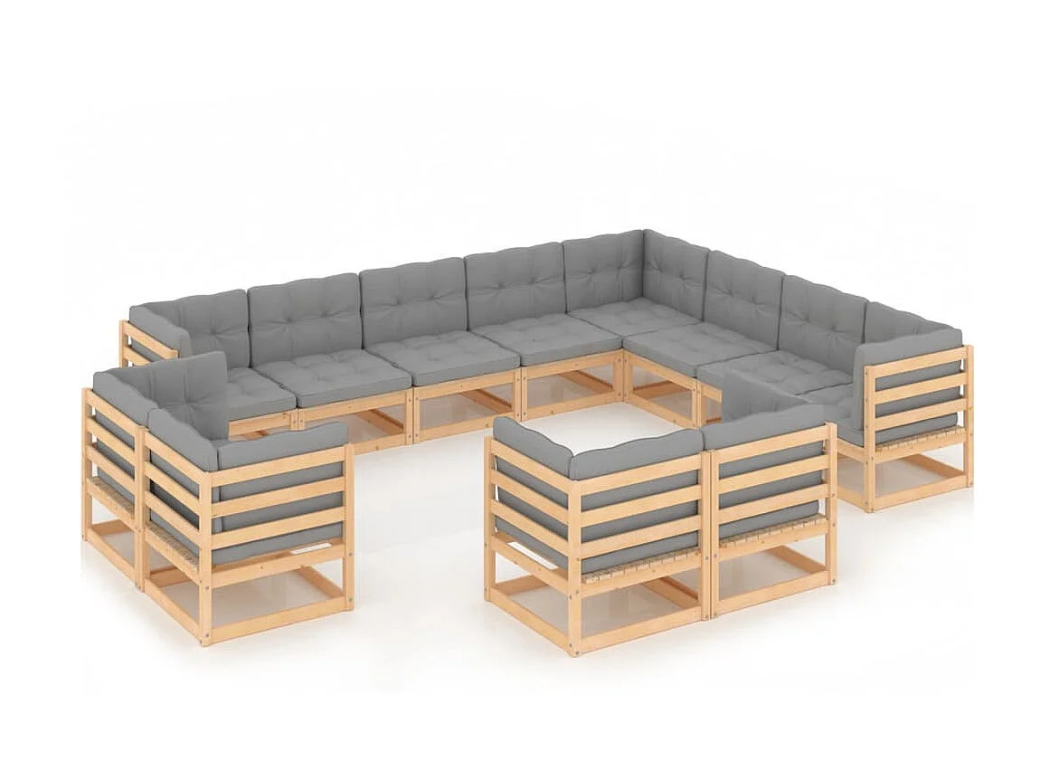 Juego de muebles de jardín 12 pzas y cojines madera maciza pino Gris