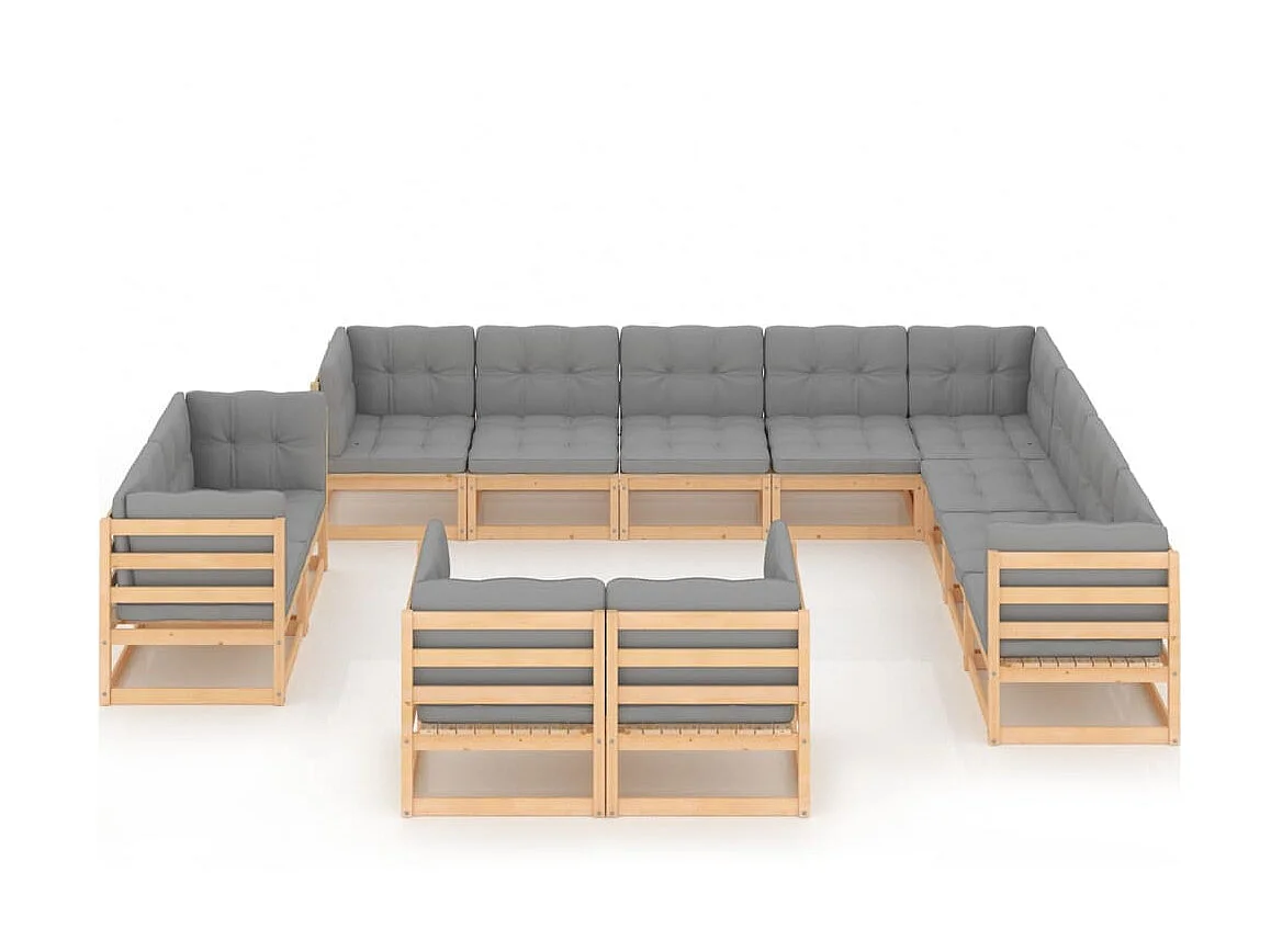 Juego de muebles de jardín 12 pzas y cojines madera maciza pino Gris