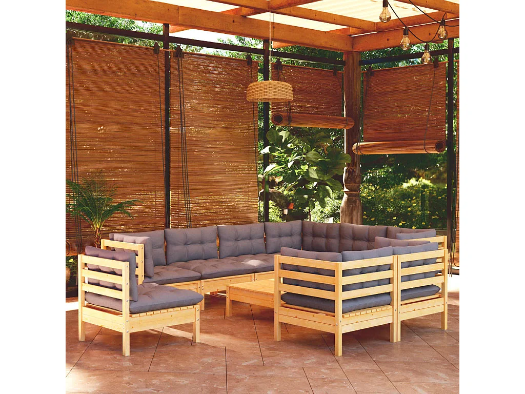 Salon de jardin 10 pcs avec coussins gris Bois de pin solide 3