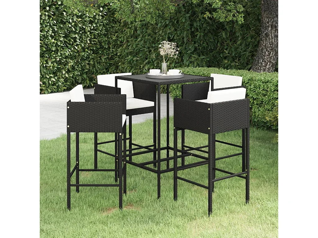 Ensemble de bar de jardin 5 pcs et coussins Résine tressée Noir 20