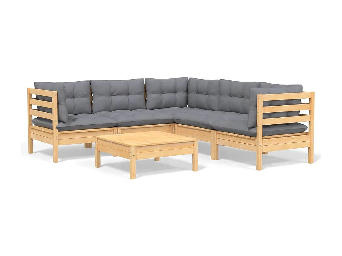 Salon de jardin 6 pcs avec coussins gris Bois de pin solide