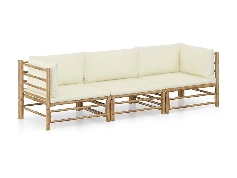 Salon de jardin 3 pcs avec coussins blanc crème Bambou 2
