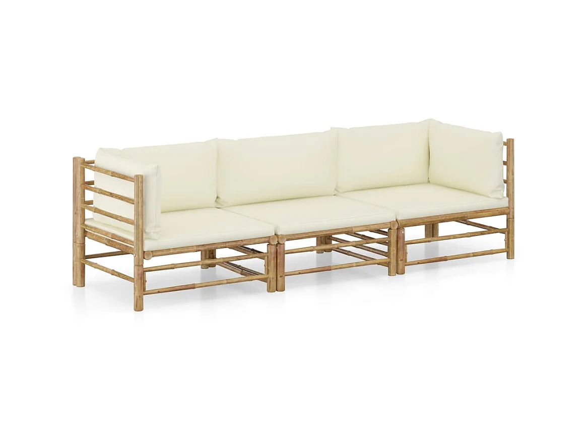 Salon de jardin 3 pcs avec coussins blanc crème Bambou 2