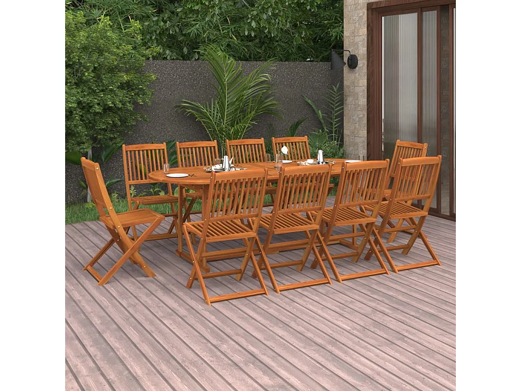 Mobilier à dîner de jardin 11 pcs Bois d'acacia massif 3