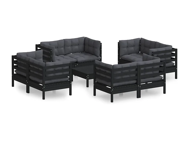 Salon de jardin 9 pcs avec coussins anthracite Bois de pin