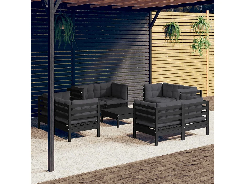 Salon de jardin 9 pcs avec coussins anthracite Bois de pin