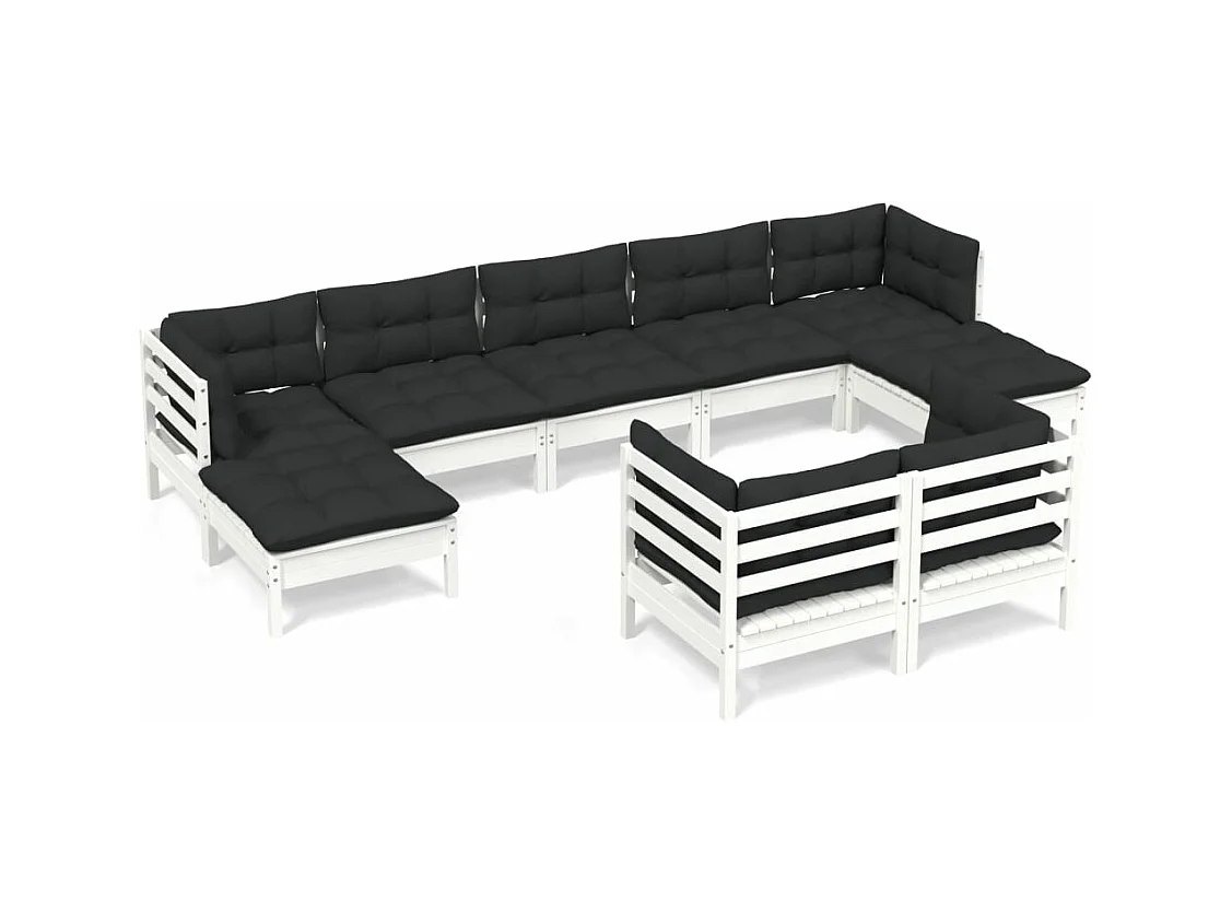Salon de jardin 9 pcs avec coussins Blanc Bois de pin solide 5