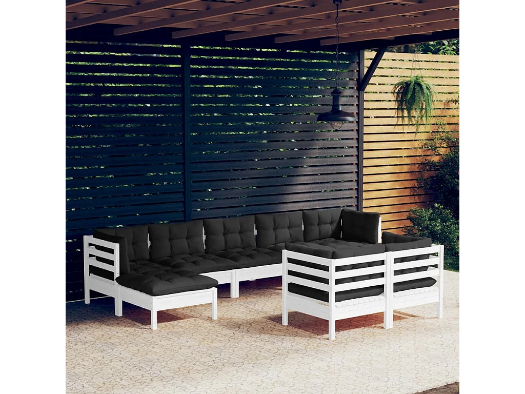 Salon de jardin 9 pcs avec coussins Blanc Bois de pin solide 5