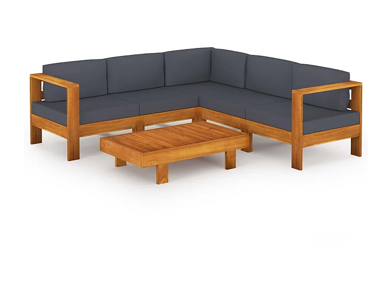 Salon de jardin 6 pcs avec coussins gris foncé Bois d'acacia 2