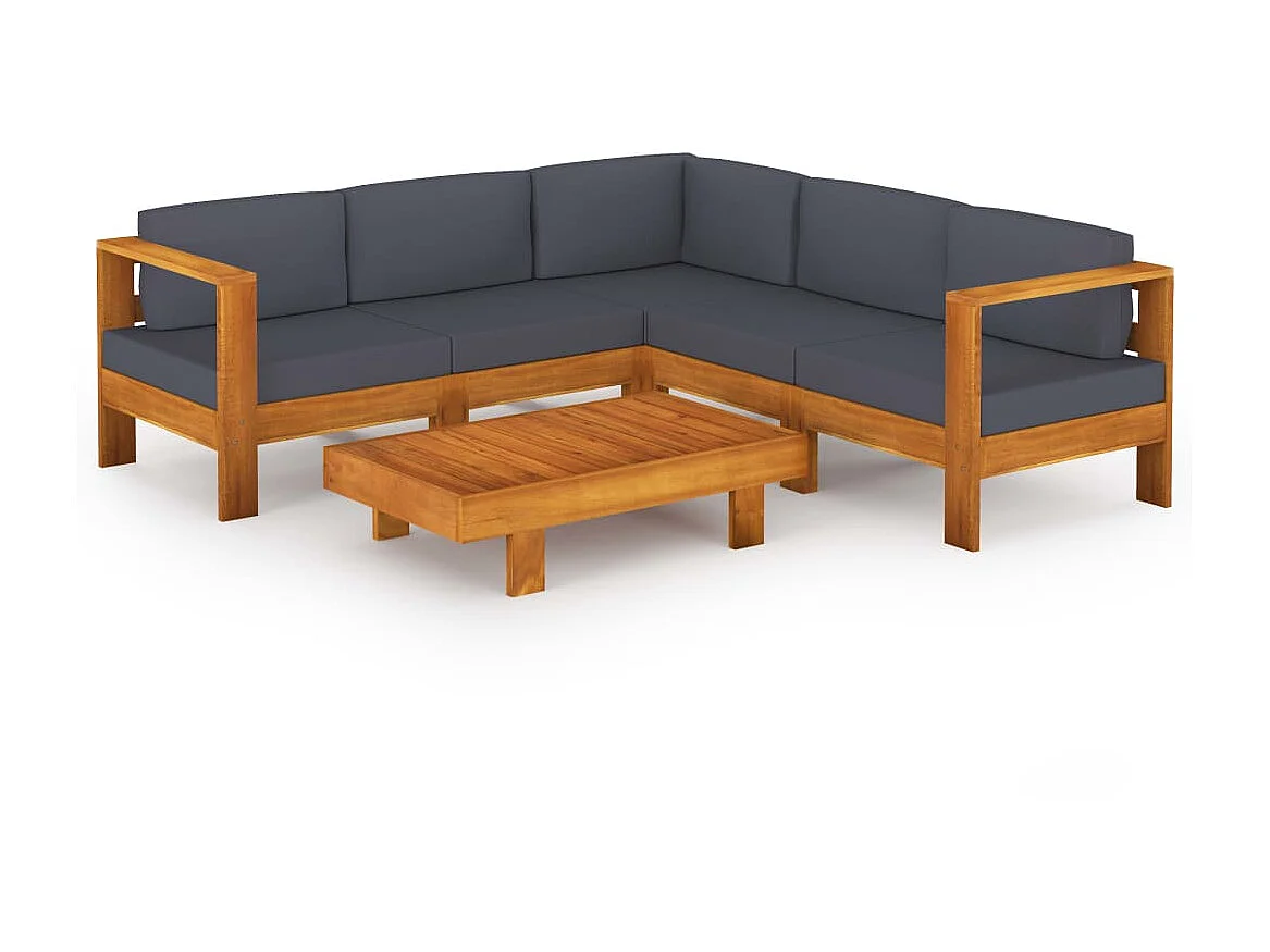 Salon de jardin 6 pcs avec coussins gris foncé Bois d'acacia 2