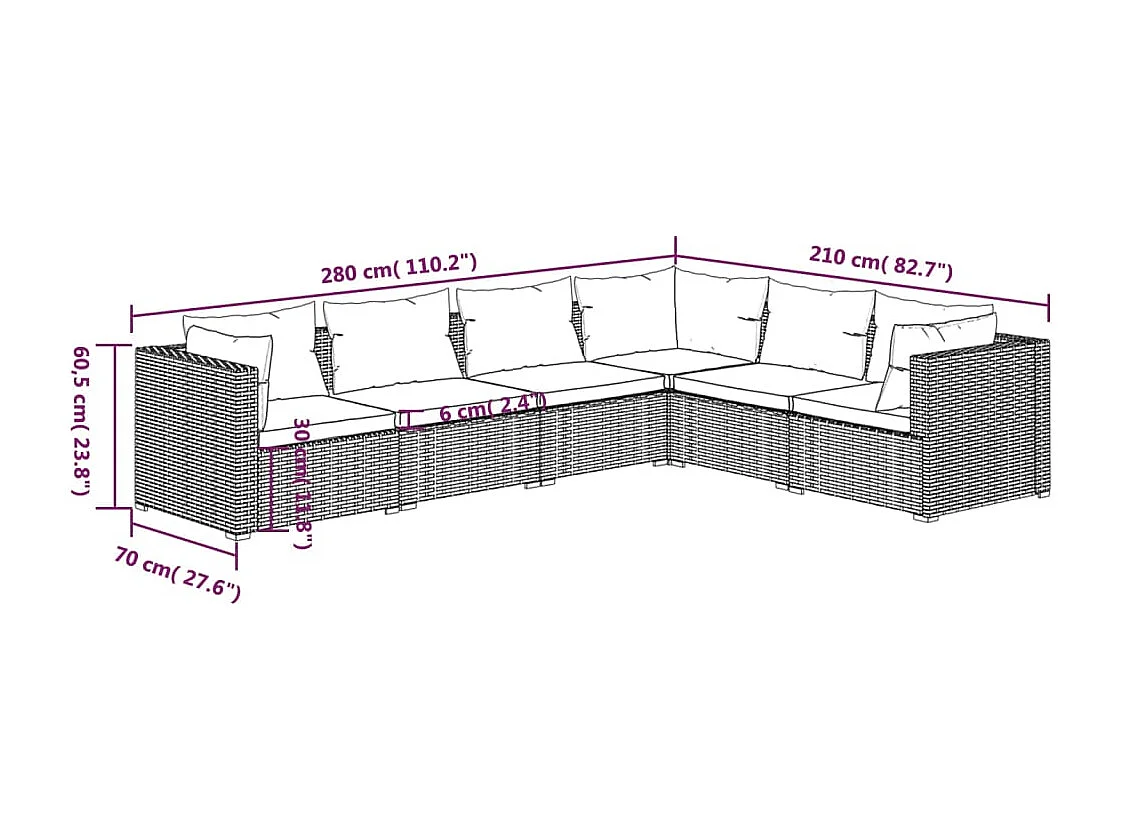 Salon de jardin 6 pcs avec coussins Résine tressée Marron 21