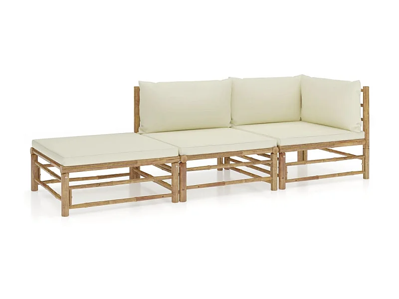 Salon de jardin 3 pcs avec coussins blanc crème Bambou