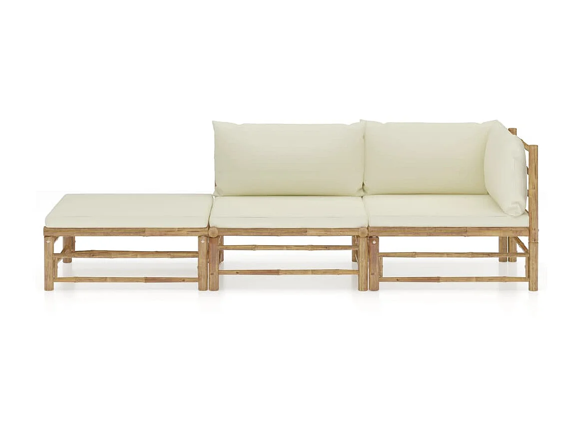 Salon de jardin 3 pcs avec coussins blanc crème Bambou