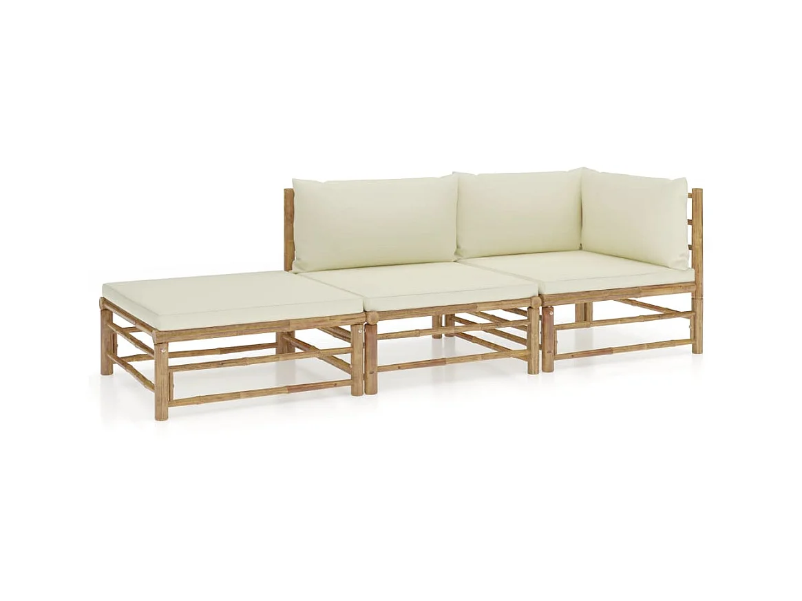 Salon de jardin 3 pcs avec coussins blanc crème Bambou