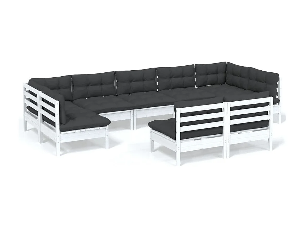 Salon de jardin 9 pcs avec coussins Blanc Bois de pin solide 6