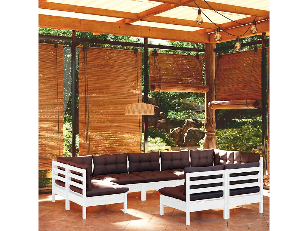 Salon de jardin 9 pcs avec coussins Blanc Bois de pin solide 6