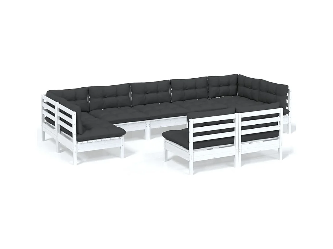 Salon de jardin 9 pcs avec coussins Blanc Bois de pin solide 6